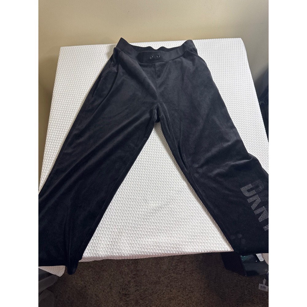 DKNY Pants Women Medium Velour Black Rhinestone Logo EUC